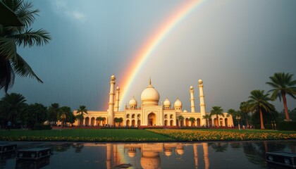 Obraz premium A majestic building under a rainbow, surrounded by lush greenery and reflecting in water.