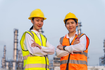 Happy beautiful Asian woman petrochemical engineers smiling to camera with petroleum oil refinery in industrial estate background. Worker woman engineer at power plant energy industry manufacturing.