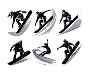 Collection of Bold Snowboarder Action Silhouettes Vector Template