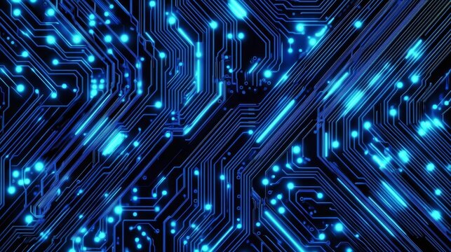 Blue lines drawn by bright spots eventually create an abstract image of a circuit board