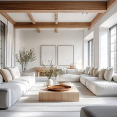 Rustic interior design of modern and nordic living room with grey sofa