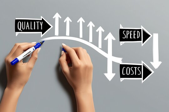 Hand drawing increased quality, efficiency and speed but decreased cost arrows concept with marker and pen 