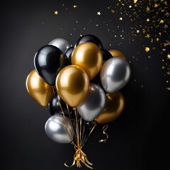 Decoración festiva de Año Nuevo con globos y confeti 
 dorado brillantes con fondo negro. Tarjeta...