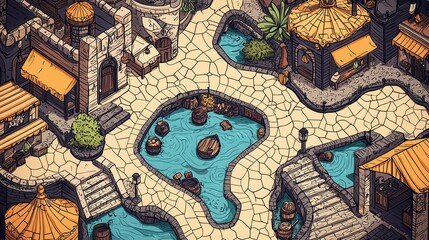 Fototapeta premium Vibrant handdrawn map of a bustling market with paths to hidden treasures