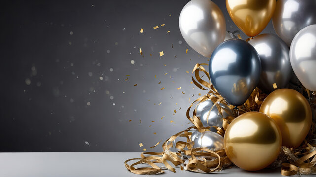 Fiesta de A&ntilde;o Nuevo con globos met&aacute;licos, dorados y plateados en fondo oscuro para escribir. Tarjeta de fin de a&ntilde;o
