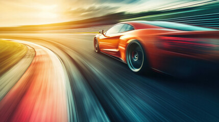Obraz premium Dynamic Close-Up of a Sports Car Racing on a Track at Sunset, Capturing Speed and Motion with Blurred Background and Vibrant Colors