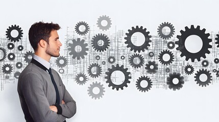 man in a casual yet professional outfit standing against a backdrop of gears and digital data, symbolizing problem-solving and adaptability in career progression. The double exposure effect 