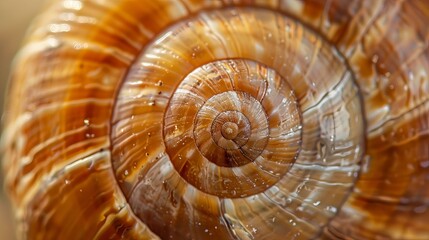 Close-up of a snail shell, showcasing its intricate spiral and warm, earthy tones.