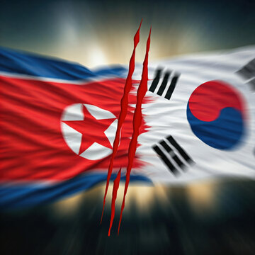 Conflict between South Korea and North Korea, flags colision with red lines between them - governments conflict concept 
