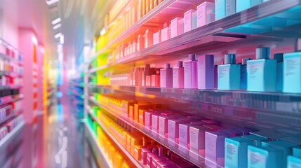 Colorful display of beauty products on shelves in a modern retail environment.
