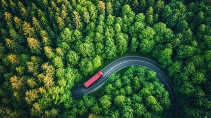Aerial View of Red Truck on Winding Road Through Lush Green Forest
