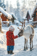 Young child feeding a reindeer in a snowy S&aacute;mi village under soft winter sunlight
