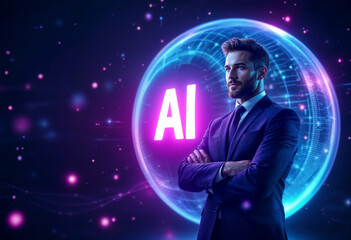 Confident Businessman Stands Before Futuristic AI Hologram With Neon Lights