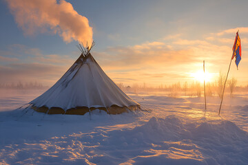 S&aacute;mi tent in a snowy landscape at sunrise with smoke rising into the cold air