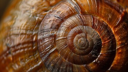 Close-up of a snail shell, showcasing its intricate spiral pattern and warm, earthy tones.