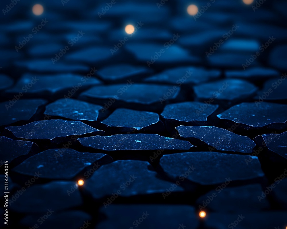 Wall mural a dark, textured stone pathway illuminated by soft, scattered lights, creating a serene and mystical