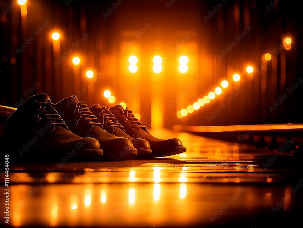 Poster the image features a row of shoes illuminated by warm, ambient lighting, creating a dramatic and inv