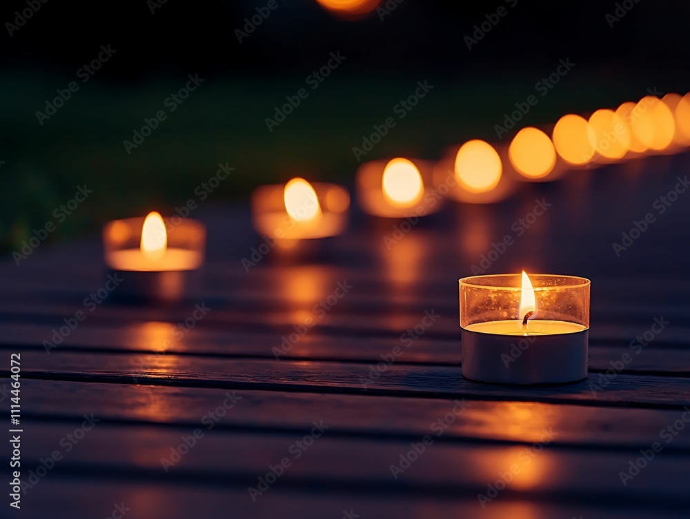 Poster a serene night scene featuring glowing candles arranged in a line on a wooden surface, creating a wa