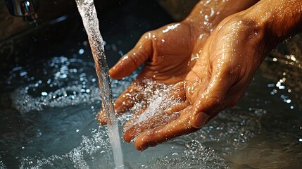 Fototapeta premium Man washing hands in bathroom sink at home. Closeup on fingers under hot water out of a faucet of a sink