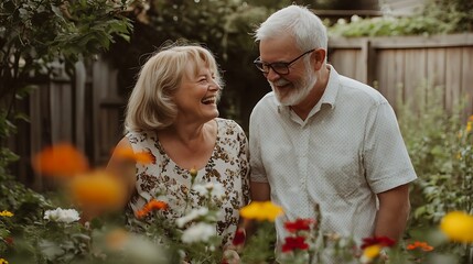 A couple is standing in a garden, surrounded by flowers