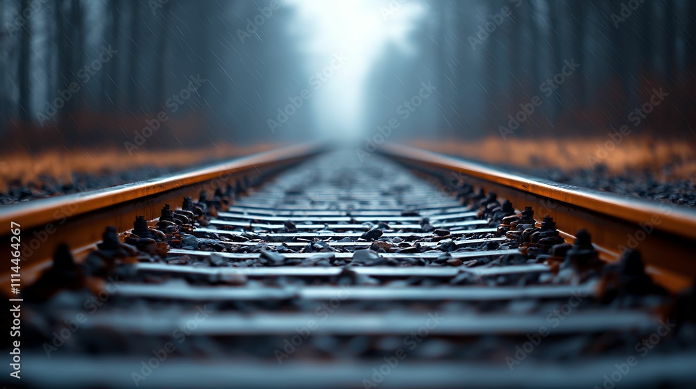Poster a misty perspective of railway tracks leading into a forest, creating a serene yet mysterious atmosp