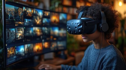 Young person wearing VR headset, reviewing digital photos on a computer screen.