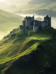 Scottish castle on misty hilltop surrounded by lush greenery