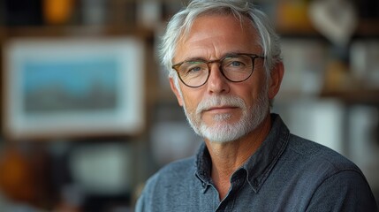 Fototapeta premium A mature man with grey hair and glasses sits thoughtfully in a cozy cafe. The warm interior creates a relaxed atmosphere while he enjoys his surroundings. Generative AI