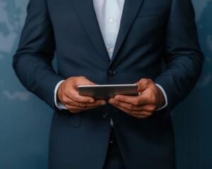 Businessman reviewing successful international payments powered by innovative technology, financial success in global markets