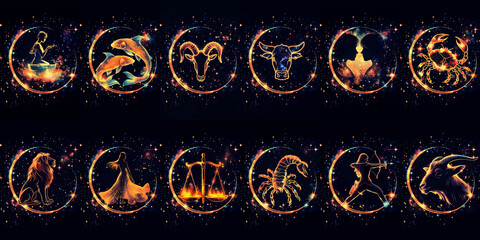 complete set of 12 starry abstract zodiac signs in order burning with fire on the magical night sky: Aquarius, Pisces, Aries, Taurus, Gemini, Cancer, Leo, Virgo, Libra, Scorpio, Sagittarius, Capricor