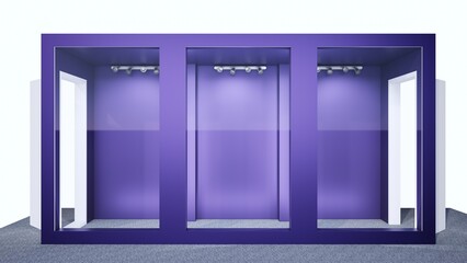 3D Rendering Modern minimalist photo booth illuminated by a light, with a sleek purple backdrop and a stylish retro aesthetic, ideal for event or party settings. Exhibition equipment mockup. 
