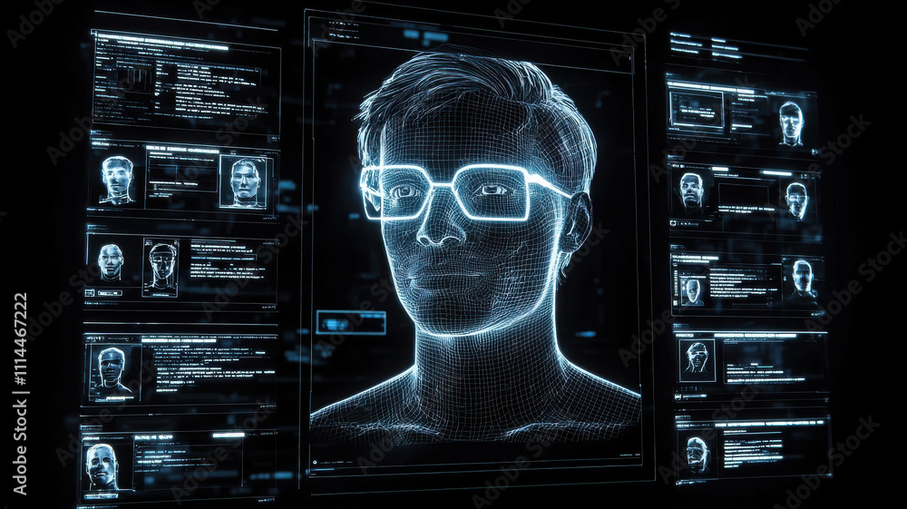Poster face scan hologram concept. 3d hologram of facial recognition technology with data display