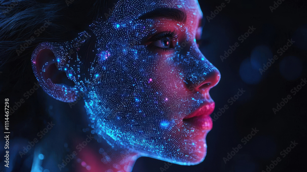 Poster face scan hologram concept. glowing digital face scan with vibrant holographic elements