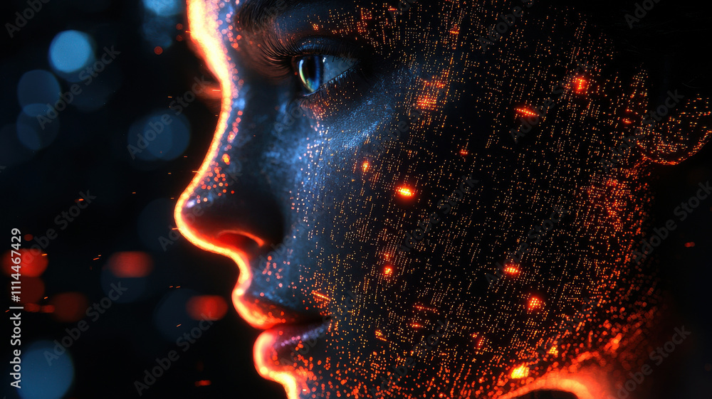 Poster face scan hologram concept. virtual face hologram with biometric data recognition glowing brightly