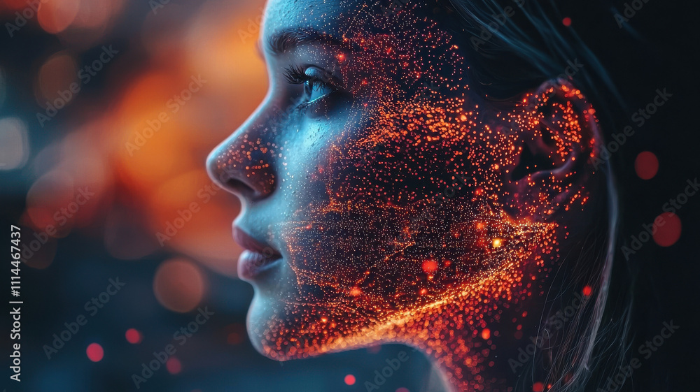 Poster face scan hologram concept. virtual face hologram with biometric data recognition, glowing features