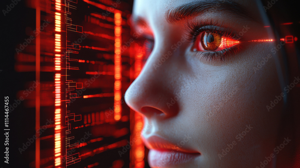 Poster face scan hologram concept. futuristic biometric interface with glowing data patterns and woman eye