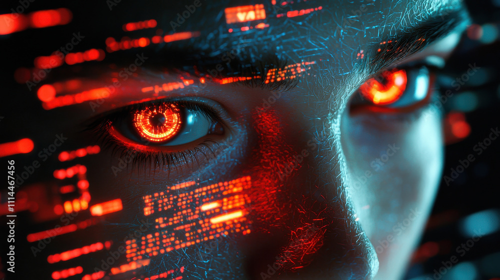 Poster face scan hologram concept. futuristic biometric interface with glowing eyes and digital patterns