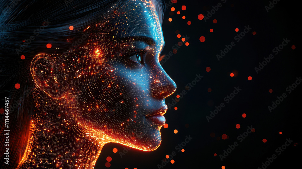 Poster face scan hologram concept. futuristic holographic face with glowing particles and biometric feature
