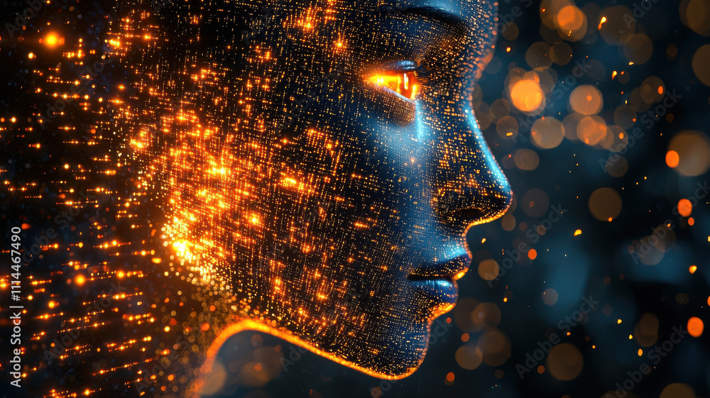 Poster face scan hologram concept. digital face scan with glowing data, showcasing biometric features