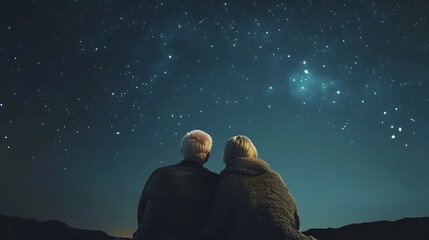 A couple is sitting on a hillside and looking up at the stars