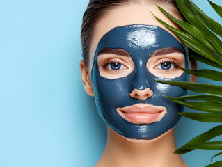 Woman with clay mud on background with green palm leaves. Relaxing at home. Beauty self care. Skincare and facial treatment concept. Natural organic cosmetic products. Spa wellness treatment concept.