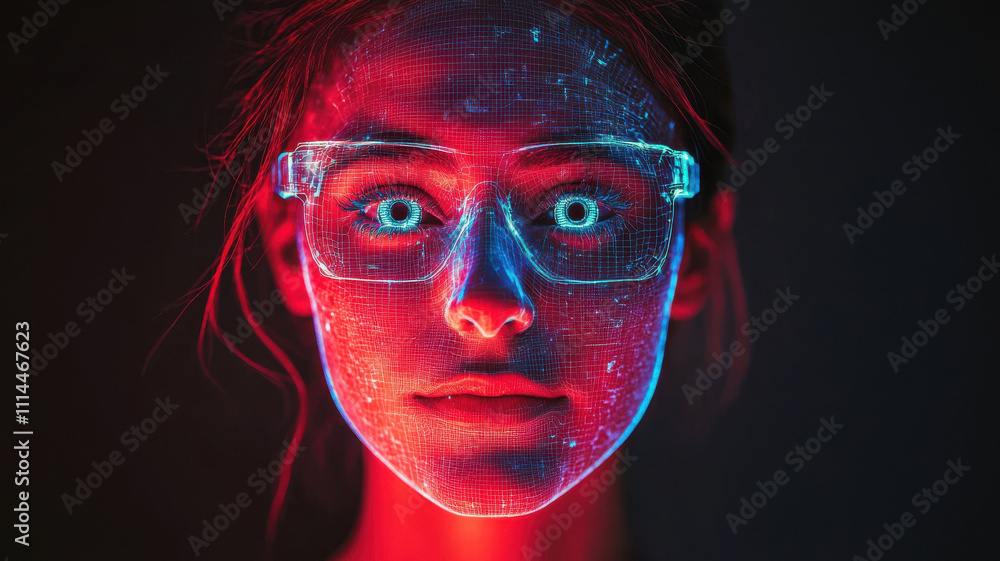 Poster face scan hologram concept. digital face recognition with holographic scanning and glowing effects