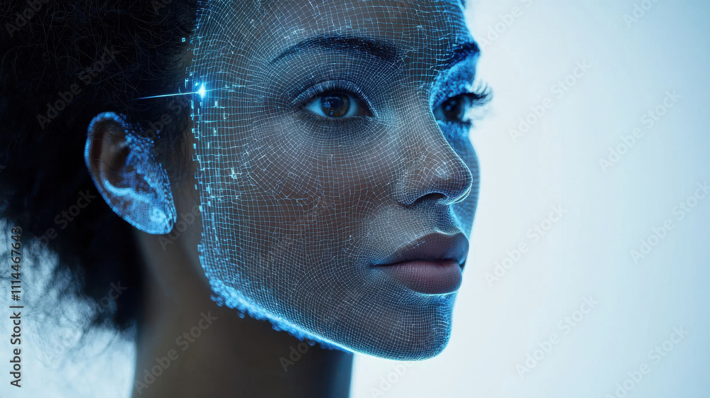 Poster face scan hologram concept. digital face recognition technology showcasing holographic scanning proc