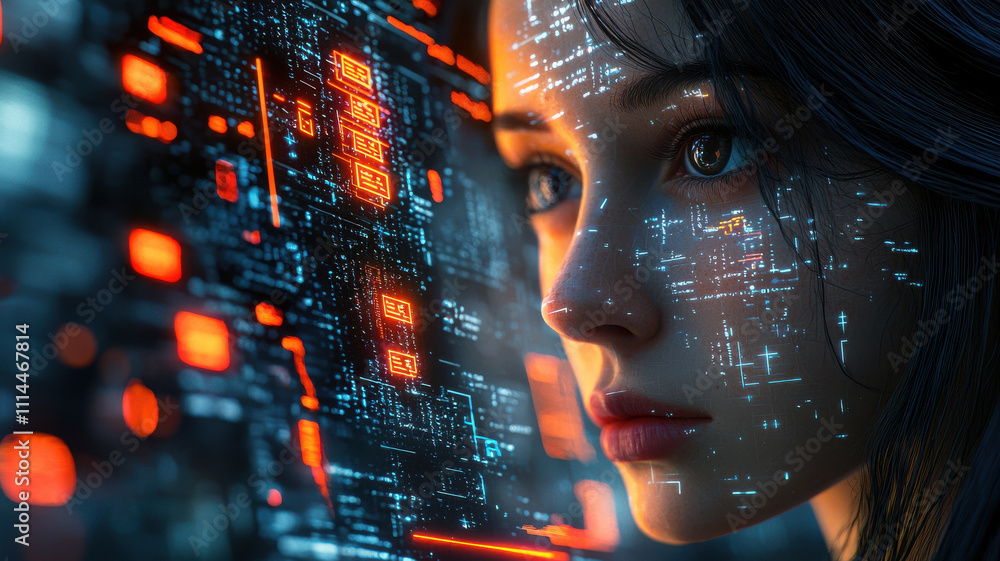 Poster face scan hologram concept. biometric technology face scan with glowing holographic elements