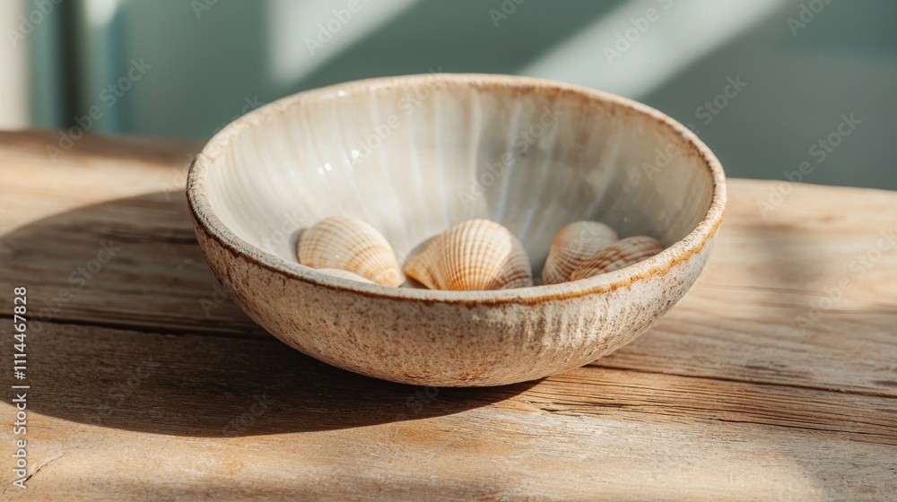 Poster a rustic bowl with seashells rests on a wooden table, illuminated by natural light, creating a seren