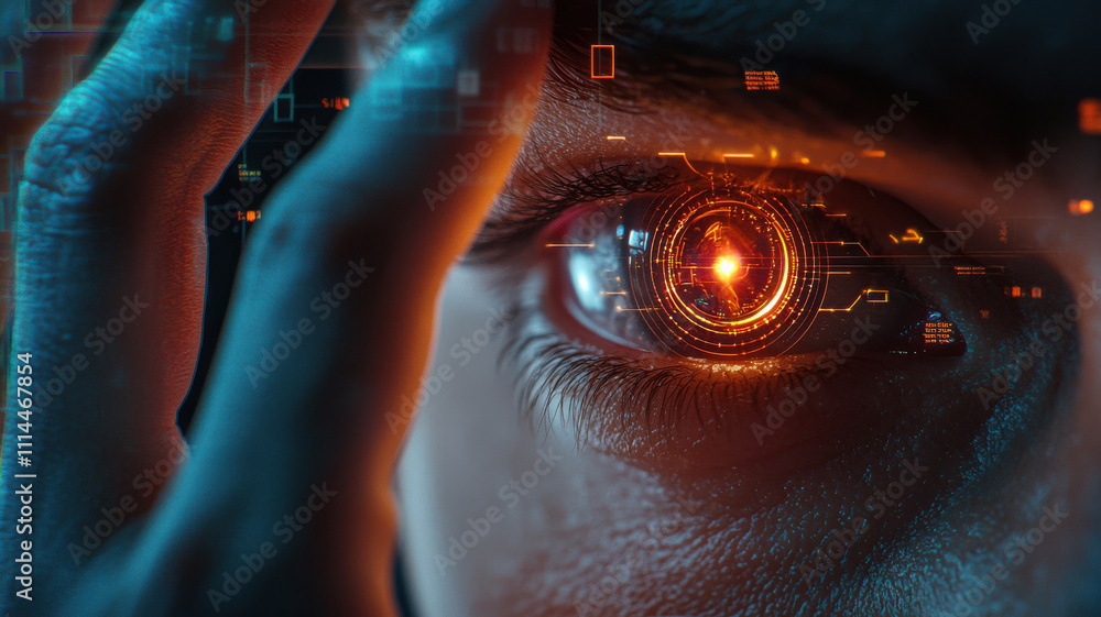 Poster face scan hologram concept. close up of human eye with glowing biometric data and technology element