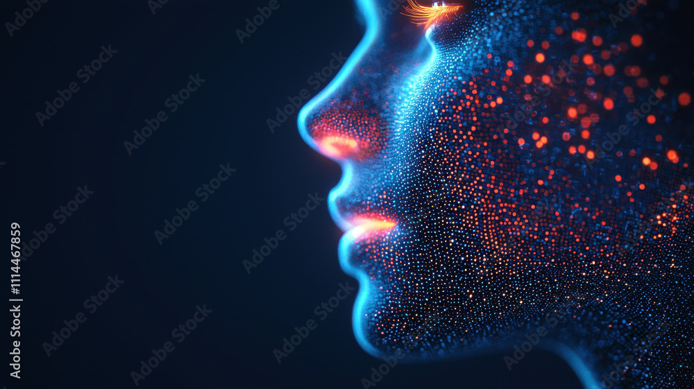 Poster face scan hologram concept. 3d biometric data visualization with glowing particles and face profile