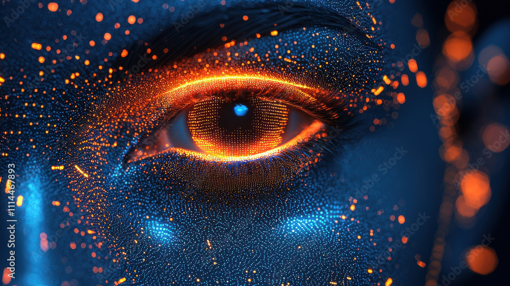 Poster face scan hologram concept. 3d biometric data eye with glowing particles and vibrant colors