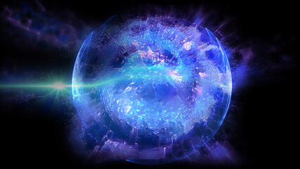 Obraz premium A luminous pearlescent ball with fiery particles creating galaxies of spiral energy.