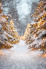A serene forest path is beautifully lined with snowcovered trees and glistening twinkling lights, creating a truly magical winter wonderland as delicate snowflakes gently fall all around us
